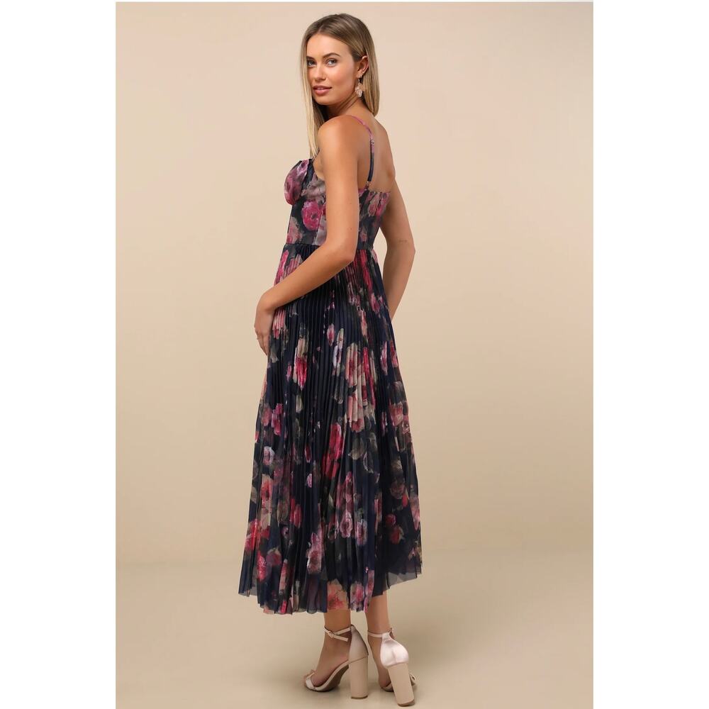 Lulus Alluring Invite Midnight Blue Floral Pleated Bustier Midi Dress XS - Picture 4 of 7